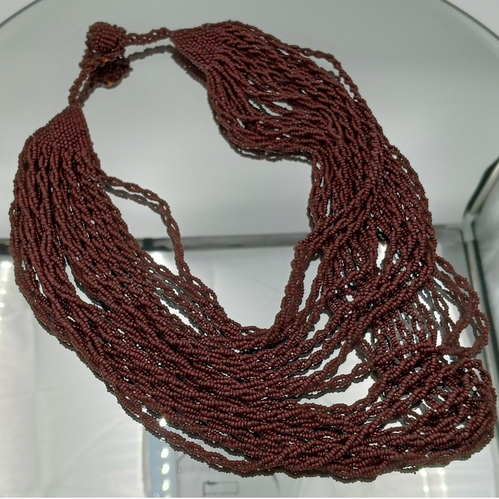 Chunky Beaded Multi Strand Necklace Earth Tone Brown Statement Bib Layered